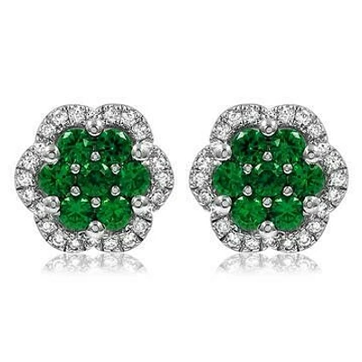 Floral Emerald Cluster Stud Earrings with Diamond Frame 14KT Gold