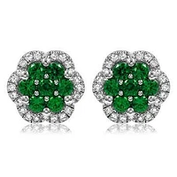 Floral Emerald Cluster Stud Earrings with Diamond Frame 14KT Gold