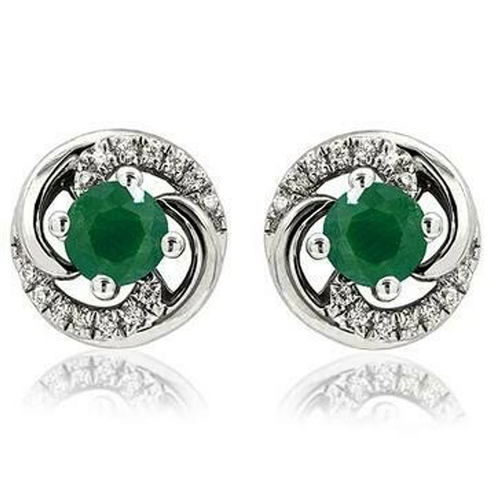 Emerald Swirl Stud Earrings with Diamond Accent 14KT Gold