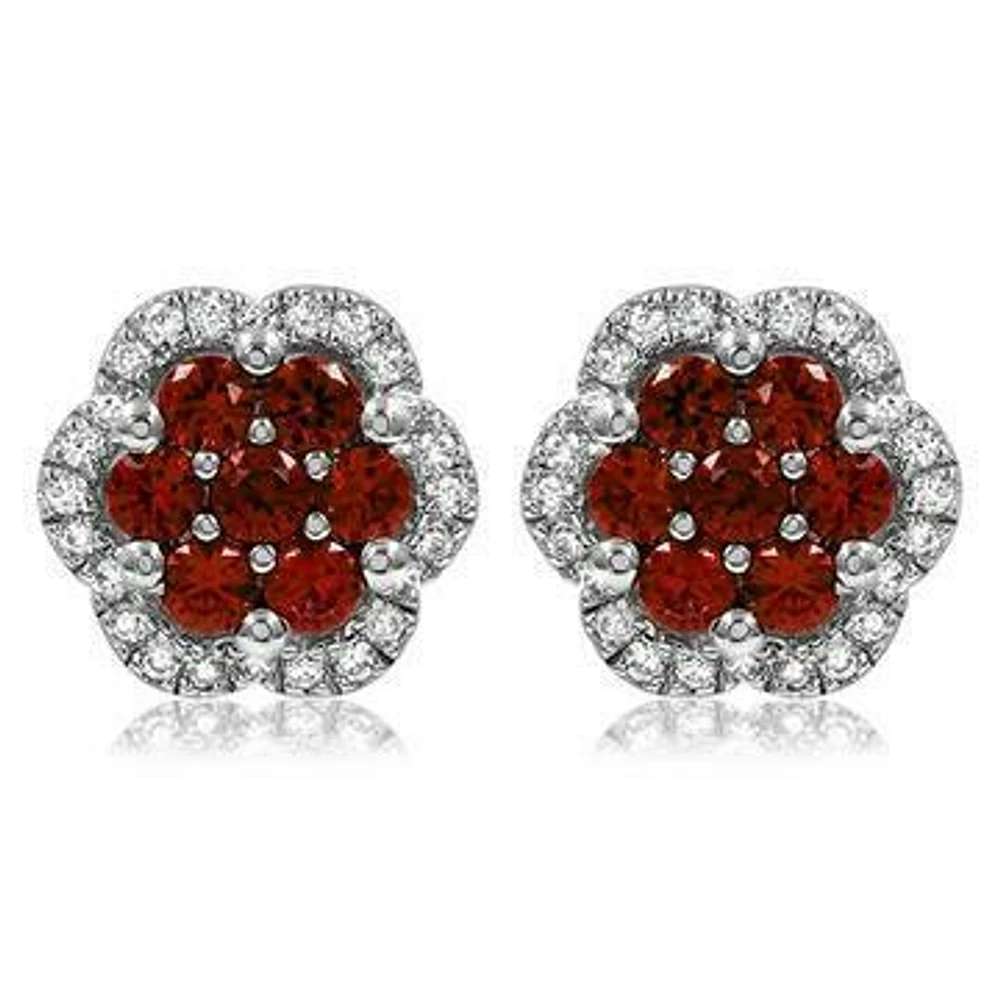 Floral Ruby Cluster Stud Earrings with Diamond Frame 14KT Gold