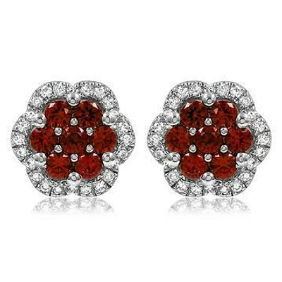 Floral Ruby Cluster Stud Earrings with Diamond Frame 14KT Gold