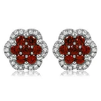 Floral Ruby Cluster Stud Earrings with Diamond Frame 14KT Gold