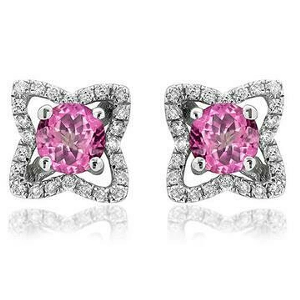 Cross Pink Topaz Stud Earrings with Diamond Frame 14KT Gold