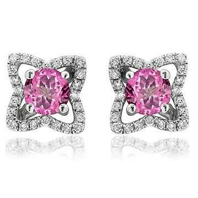 Cross Pink Topaz Stud Earrings with Diamond Frame 14KT Gold