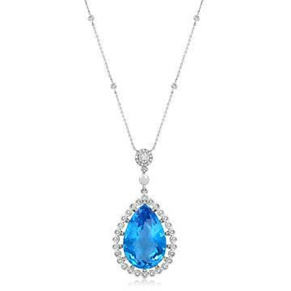 Premium Vintage Teardrop Blue Topaz Pendant with Diamond Frame 14KT Gold