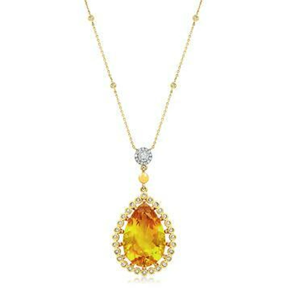 Premium Vintage Teardrop Citrine Pendant with Diamond Frame 14KT Gold