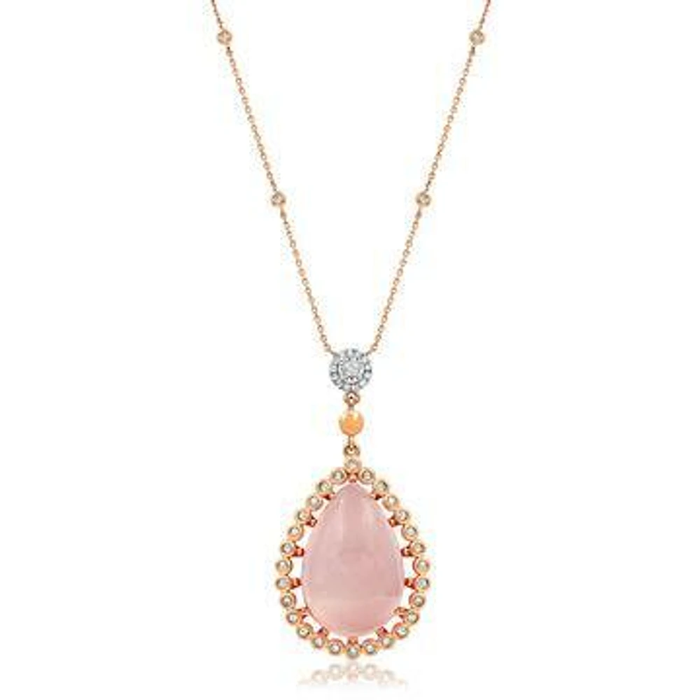 Premium Vintage Teardrop Pink Quartz Pendant with Diamond Frame 14KT Rose Gold