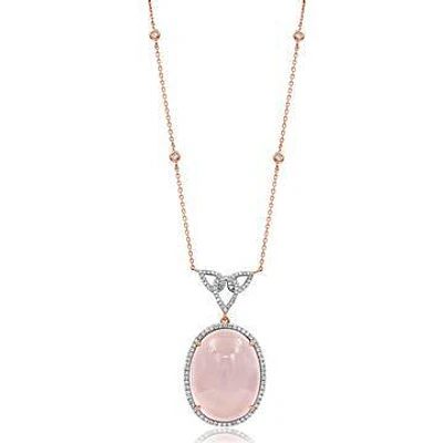 Premium Oval Pink Quartz Pendant with Diamond Halo 14KT Rose Gold