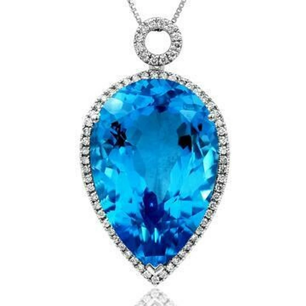 Premium Pear Blue Topaz Pendant with Diamond Halo 14KT Gold