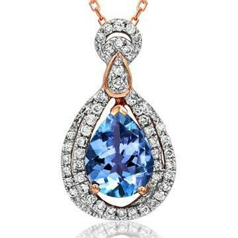 Teardrop Tanzanite Pendant with Diamond Double Halo 14KT Rose Gold