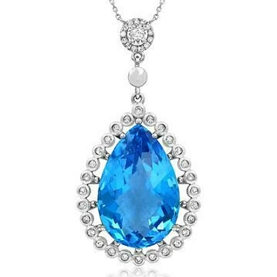 Premium Vintage Teardrop Blue Topaz Pendant with Diamond Frame 14KT Gold