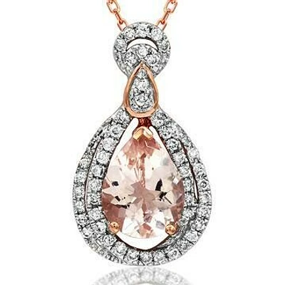 Teardrop Morganite Pendant with Diamond Double Halo 14KT Rose Gold