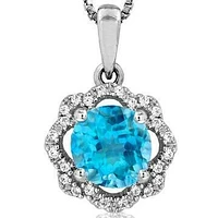 Floral Blue Topaz Pendant with Diamond Frame 14KT Gold