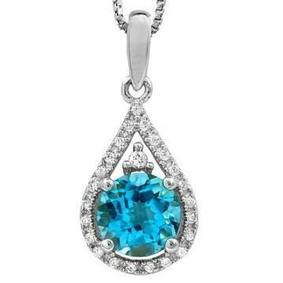 Blue Topaz Teardrop Pendant with Diamond Frame 14KT Gold