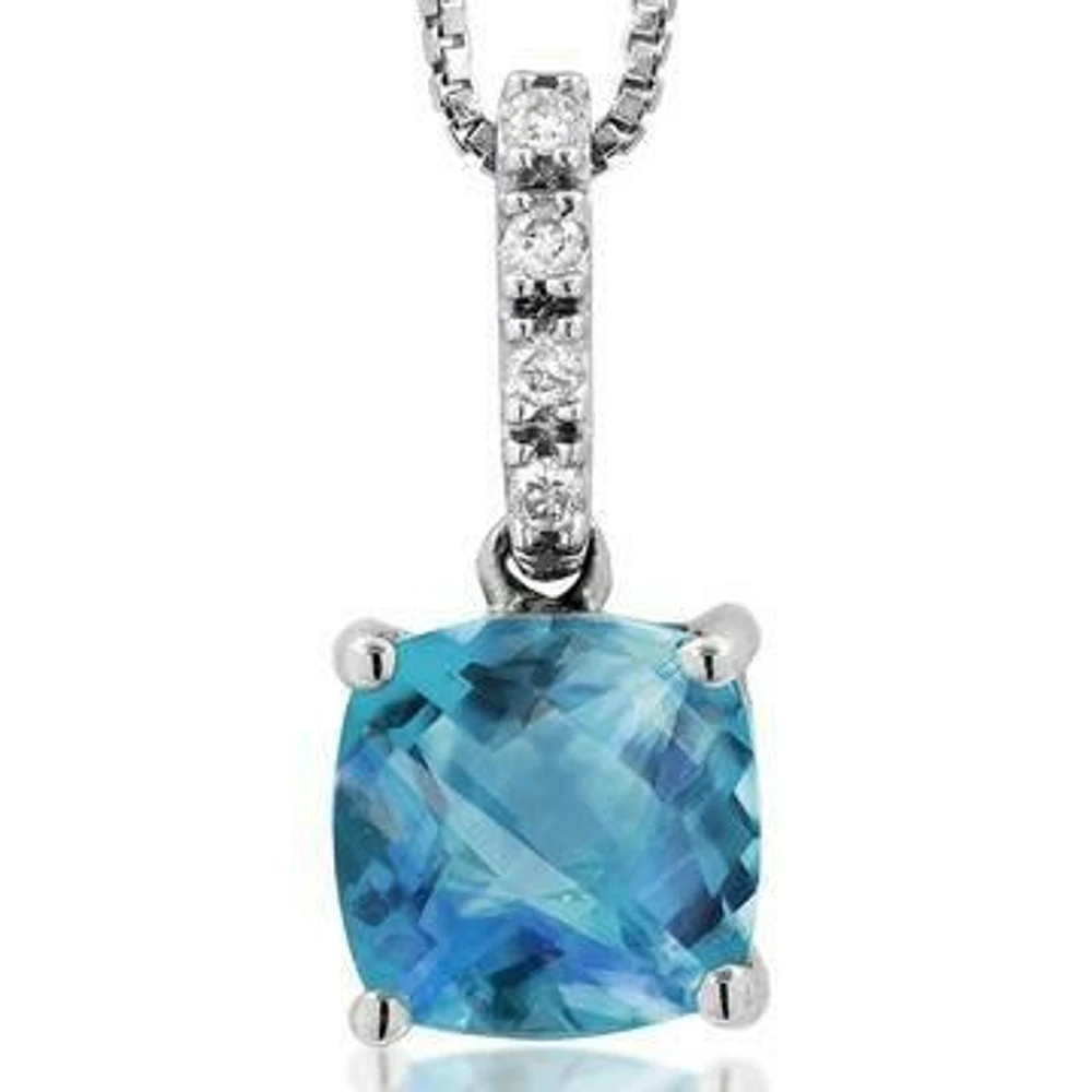 Cushion Blue Topaz Pendant with Diamond Bail 14KT Gold