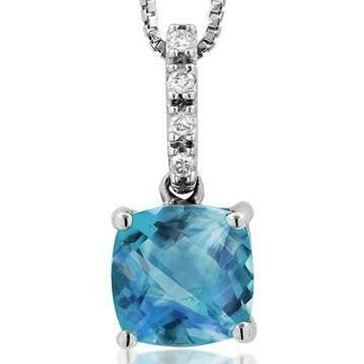 Cushion Blue Topaz Pendant with Diamond Bail 14KT Gold