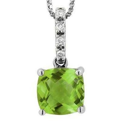 Cushion Peridot Pendant with Diamond Bail 14KT Gold