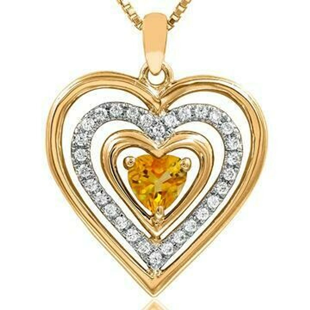 Triple Heart Citrine Pendant with Diamond Accent 14KT Gold