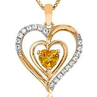 Double Heart Citrine Pendant with Diamond Accent 14KT Gold