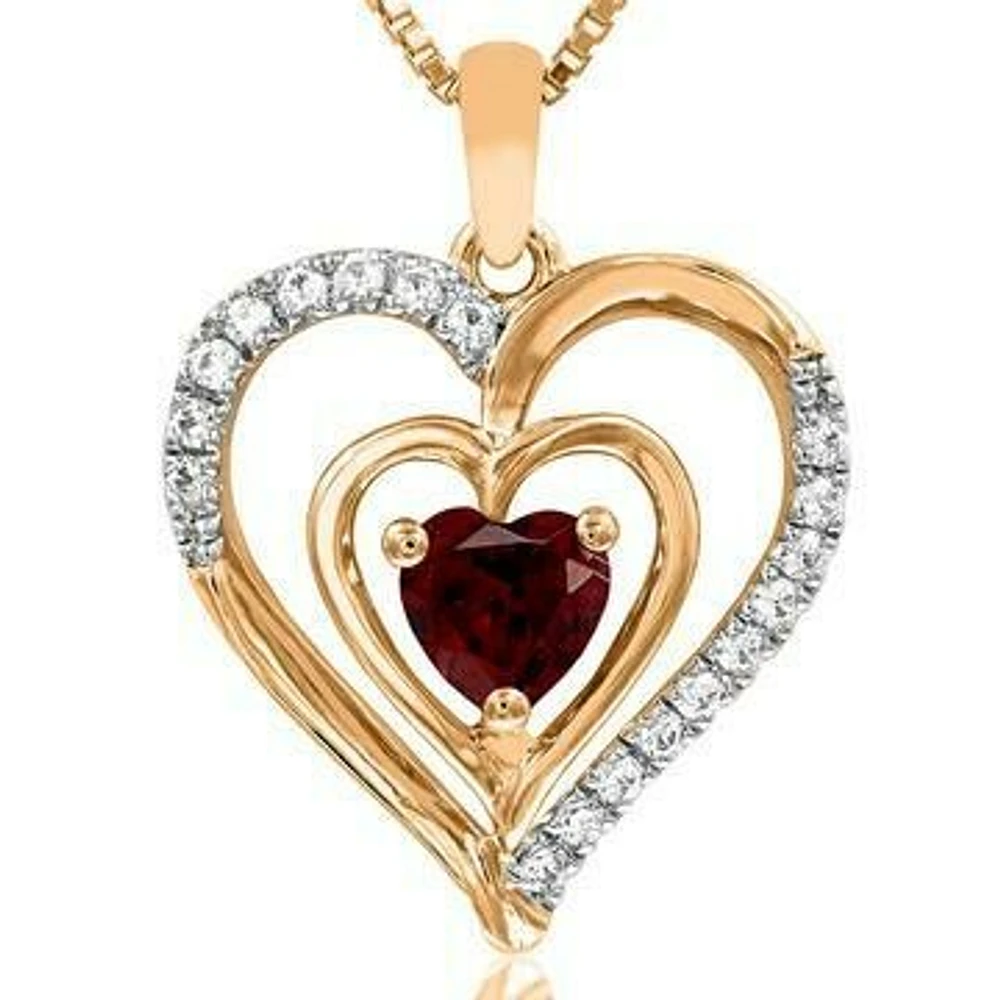 Double Heart Garnet Pendant with Diamond Accent 14KT Gold