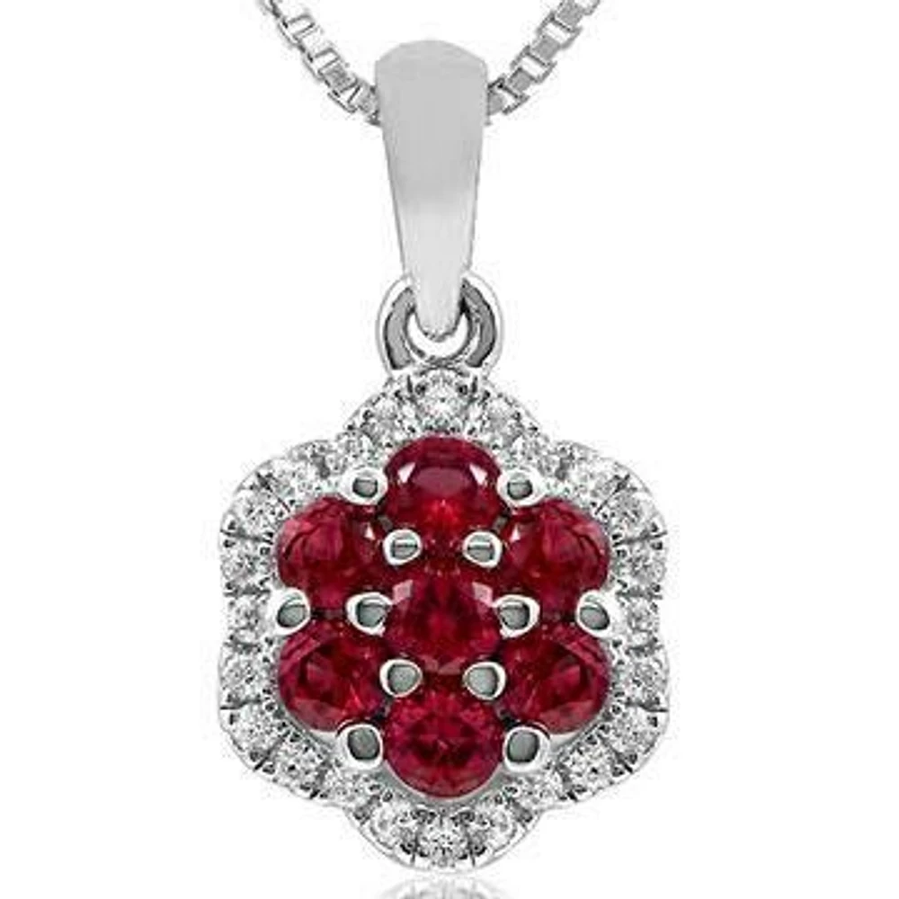 Floral Ruby Cluster Pendant with Diamond Frame 14KT Gold