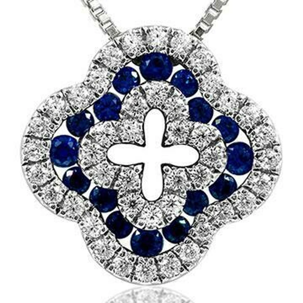 Clover Diamond Pendant with Sapphire Accent 14KT White Gold