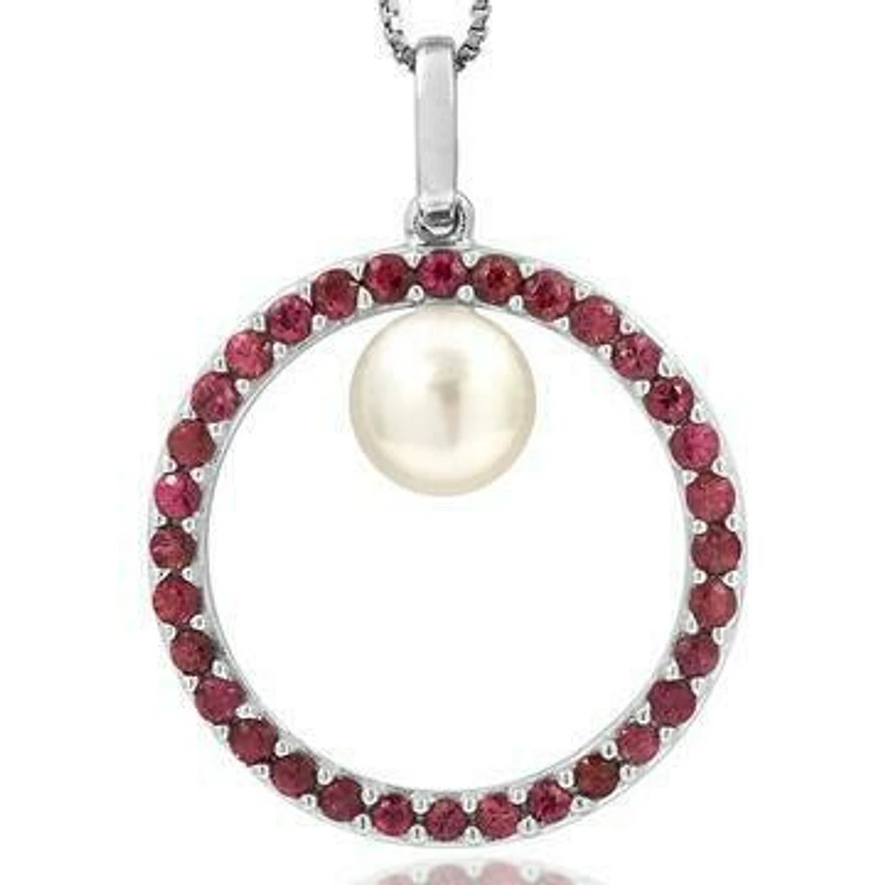 Pearl Circle Pendant Framed with Ruby 14KT White Gold