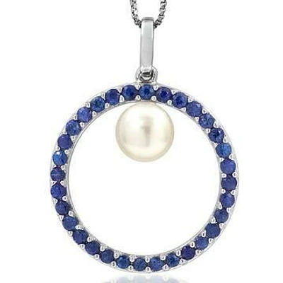 Pearl Circle Pendant Framed with Blue Sapphire 14KT White Gold