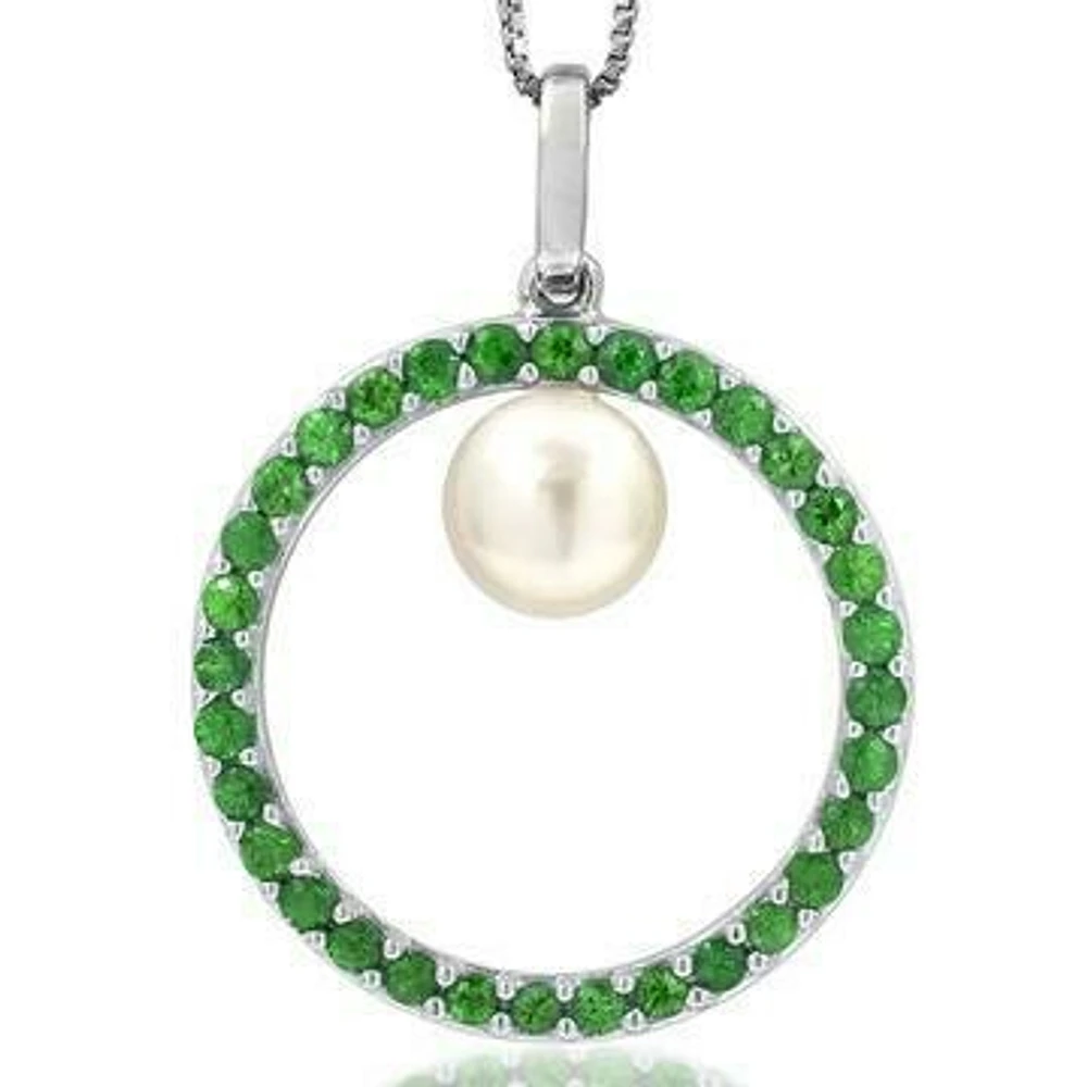 Pearl Circle Pendant Framed with Emerald 14KT White Gold