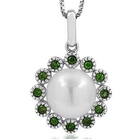 Floral Pearl Pendant Framed with Emerald 14KT White Gold