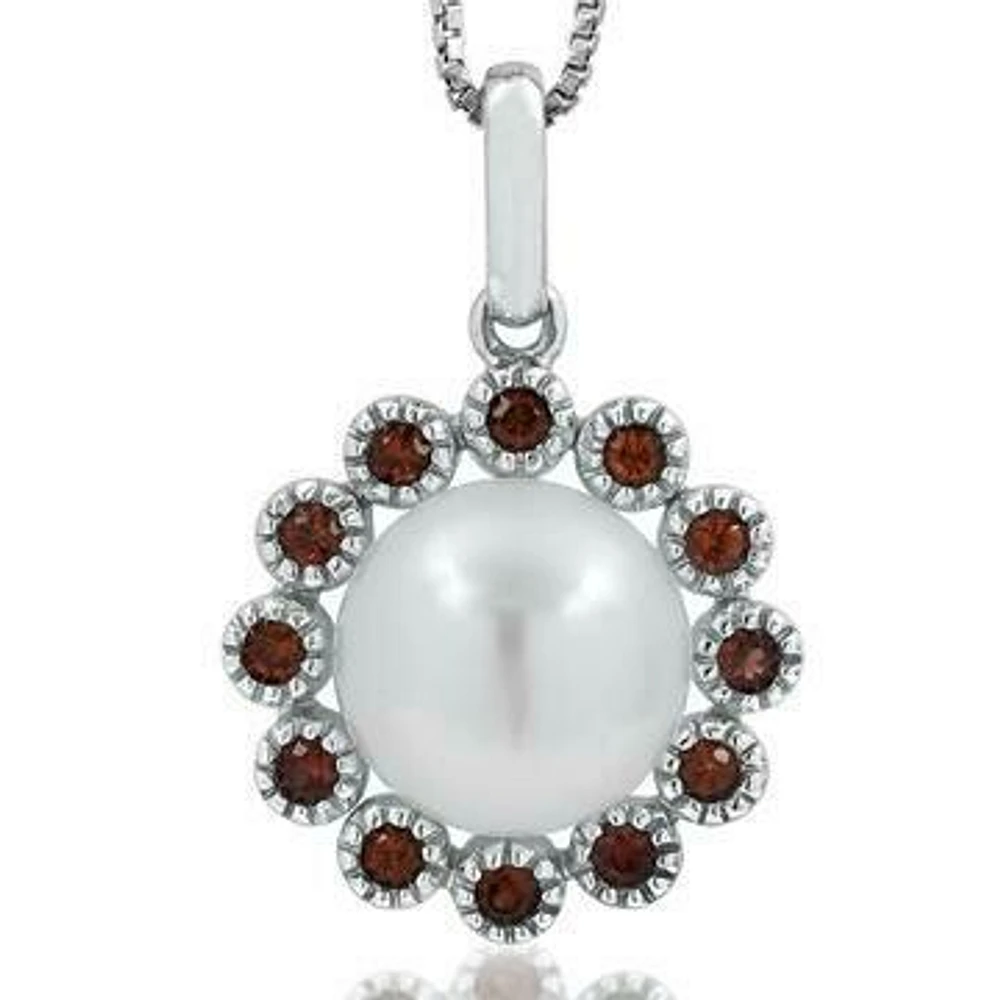 Floral Pearl Pendant Framed with Ruby 14KT White Gold