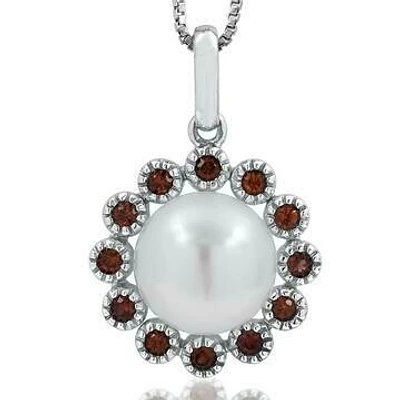 Floral Pearl Pendant Framed with Ruby 14KT White Gold