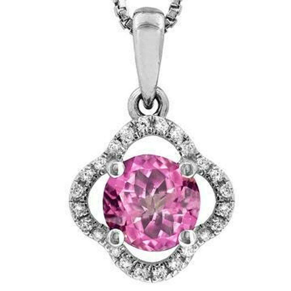 Clover Pink Topaz Pendant with Diamond Frame 14KT Gold