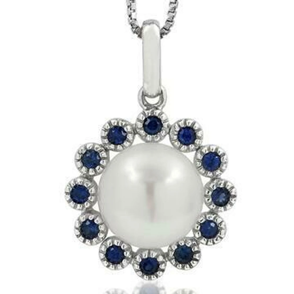 Floral Pearl Pendant Framed with Blue Sapphire 14KT White Gold