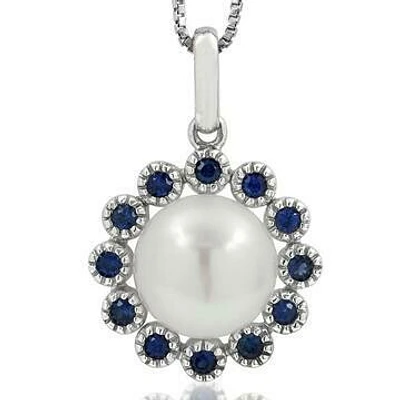 Floral Pearl Pendant Framed with Blue Sapphire 14KT White Gold