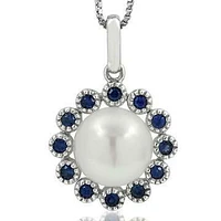 Floral Pearl Pendant Framed with Blue Sapphire 14KT White Gold