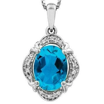 Vintage Inspired Oval Topaz Pendant with Diamond Frame 14KT Gold