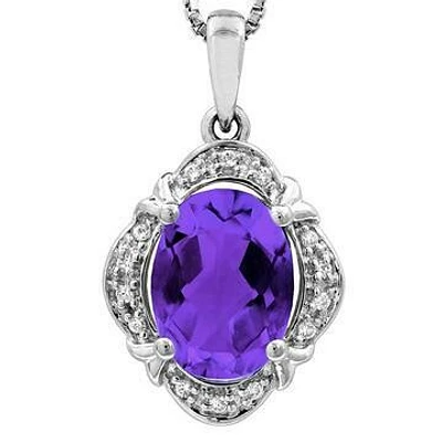 Vintage Inspired Oval Amethyst Pendant with Diamond Frame 14KT Gold