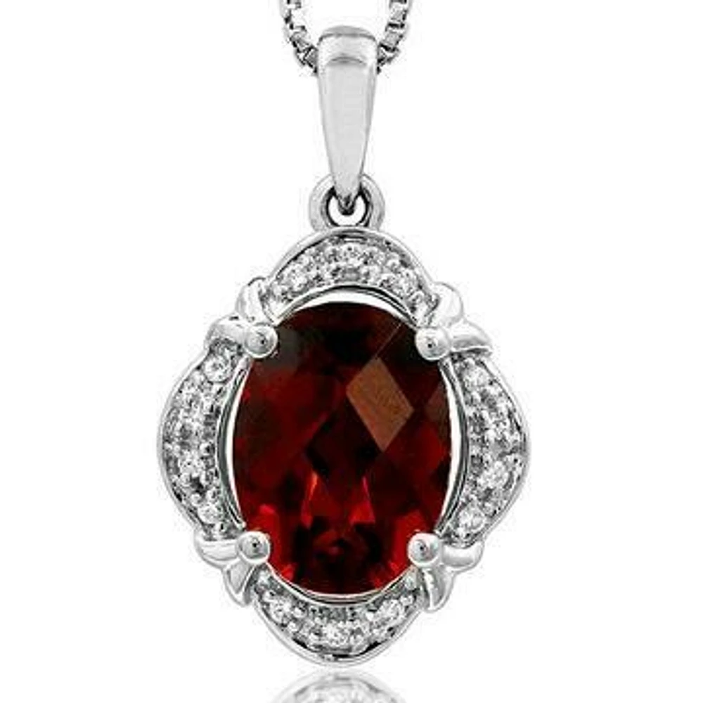 Vintage Inspired Oval Garnet Pendant with Diamond Frame 14KT Gold