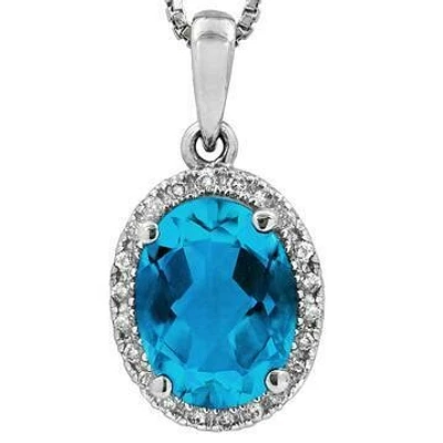 Oval Blue Topaz Pendant with Diamond Halo 14KT Gold