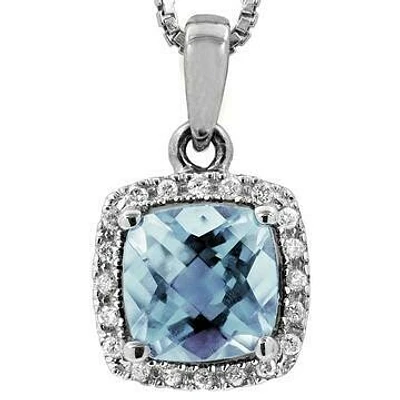 Cushion Aquamarine Pendant with Diamond Halo 14KT Gold