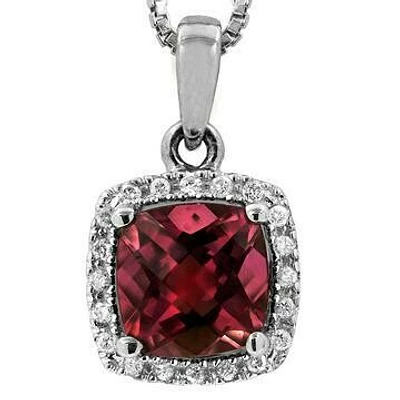 Cushion Garnet Pendant with Diamond Halo 14KT Gold