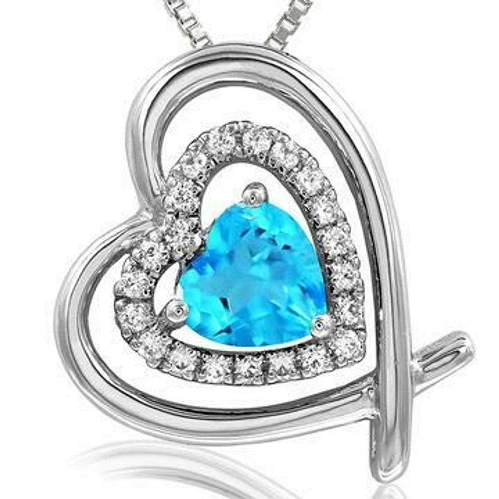 Tilted Double Heart Color Topaz Pendant with Diamond Accent 14KT White Gold