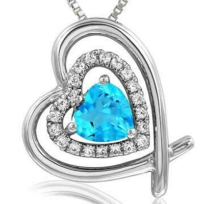 Tilted Double Heart Color Topaz Pendant with Diamond Accent 14KT White Gold