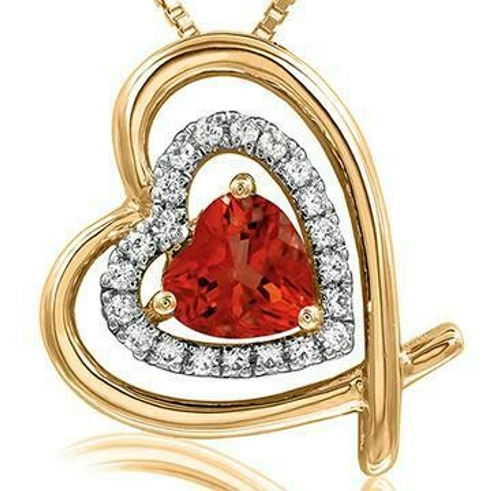 Tilted Double Heart Color Ruby Pendant with Diamond Accent 14KT Yellow Gold