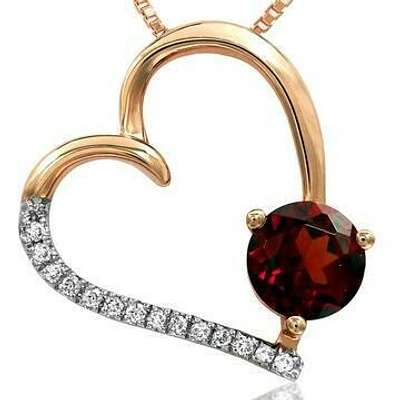 Garnet Tilted Heart Pendant with Diamond Accent 14KT Gold