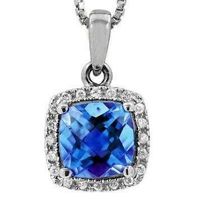 Cushion Blue Topaz Pendant with Diamond Halo 14KT Gold