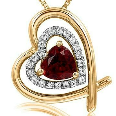 Tilted Double Heart Color Garnet Pendant with Diamond Accent 14KT Yellow Gold