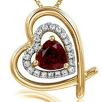 Tilted Double Heart Color Garnet Pendant with Diamond Accent 14KT Yellow Gold