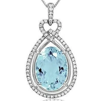 Premium Oval Teardrop Aquamarine Pendant with Diamond Frame 14KT White Gold